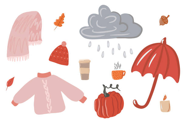 sammlung von niedlichen illustrationen, ein gemütlicher regnerischer tag, hygge, regentropfen, die von einem bewölkten himmel fallen, wolken und regen, eine reihe von regnerischem herbst, herbstkürbis, gemüse. cartoon-illustration, modernes design - rain cute falling water raindrop stock-grafiken, -clipart, -cartoons und -symbole