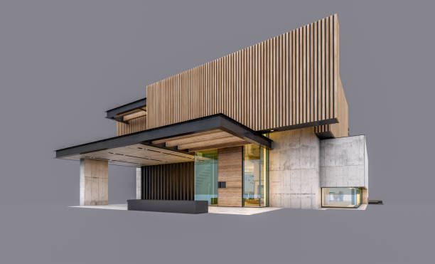 istock 3d rendering of modern house with wood plank facade in evening isolated on gray 1333558749