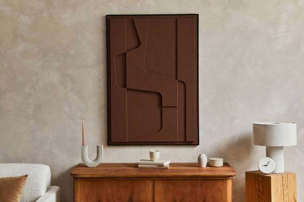 istock Stylish composition of modern living room interior with structure painting, folding screen, vintage commode, armchair, wooden cubes and accessories. Creative wall, carpet on the floor. Template. 1333558867