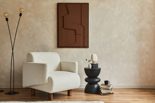 istock Stylish composition of modern living room interior with structure painting, folding screen, vintage commode, armchair, wooden cubes and accessories. Creative wall, carpet on the floor. Template. 1333558870