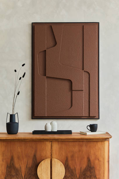 istock Stylish composition of modern living room interior with structure painting, folding screen, vintage commode, armchair, wooden cubes and accessories. Creative wall, carpet on the floor. Template. 1333558877
