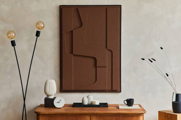 istock Stylish composition of modern living room interior with structure painting, folding screen, vintage commode, armchair, wooden cubes and accessories. Creative wall, carpet on the floor. Template. 1333558885