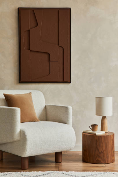 istock Stylish composition of modern living room interior with structure painting, folding screen, vintage commode, armchair, wooden cubes and accessories. Creative wall, carpet on the floor. Template. 1333558886
