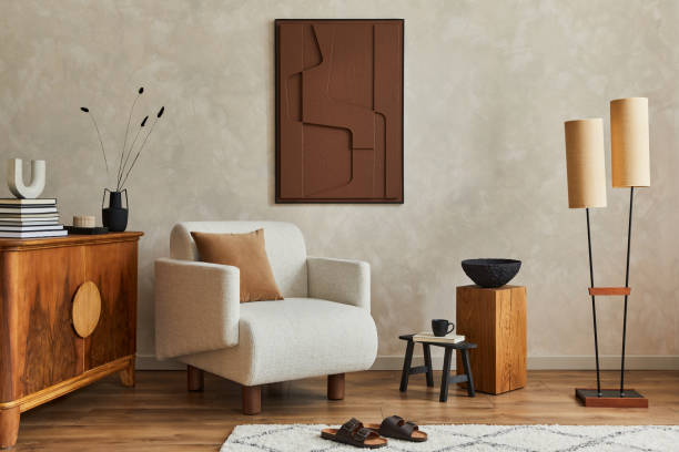 istock Stylish composition of modern living room interior with structure painting, folding screen, vintage commode, armchair, wooden cubes and accessories. Creative wall, carpet on the floor. Template. 1333558899