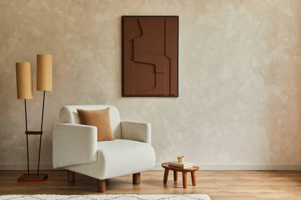 istock Stylish composition of modern living room interior with structure painting, folding screen, vintage commode, armchair, wooden cubes and accessories. Creative wall, carpet on the floor. Template. 1333558901