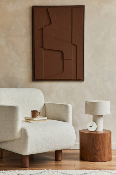 istock Stylish composition of modern living room interior with structure painting, folding screen, vintage commode, armchair, wooden cubes and accessories. Creative wall, carpet on the floor. Template. 1333558923