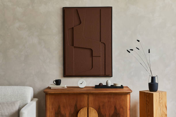 Stylish composition of modern living room interior with structure painting, folding screen, vintage commode, armchair, wooden cubes and accessories. Creative wall, carpet on the floor. Template.