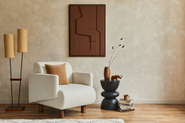 istock Stylish composition of modern living room interior with structure painting, folding screen, vintage commode, armchair, wooden cubes and accessories. Creative wall, carpet on the floor. Template. 1333558946