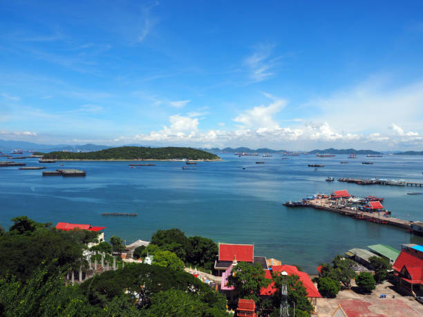 seascape and city coast view of Srichang island with clear blue cloud sky seascape and city coast view of Srichang island with clear blue cloud sky, Thailand yangtze river stock pictures, royalty-free photos & images