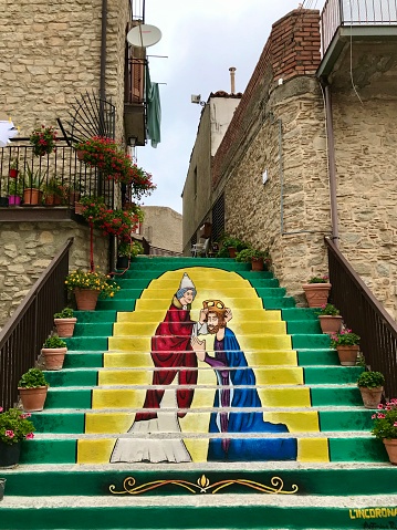 Italia - Sicilia- Montalbano elicona, one of the most beautiful village in Italy - religious fresque on stairs