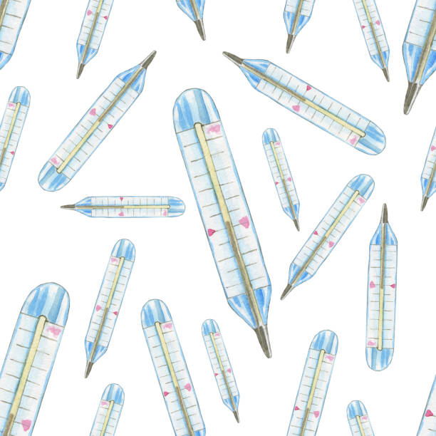 nahtloses muster des glasthermometers auf weißem hintergrund. aquarell handgezeichnete illustration für digitales papier, druck, textil, banner. - backgrounds body care thermometer degree stock-grafiken, -clipart, -cartoons und -symbole