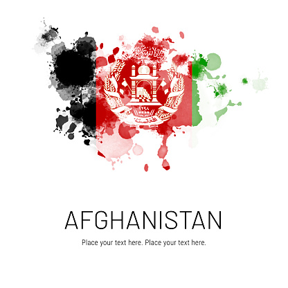 Flag of Afghanistan ink splat on white background. Splatter grunge effect. Copy space. Solid background. Text sample.