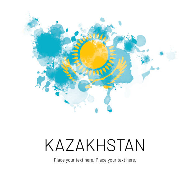 Flag of Kazakhstan ink splat on white background. Splatter grunge effect. Copy space. Solid background. Text sample.