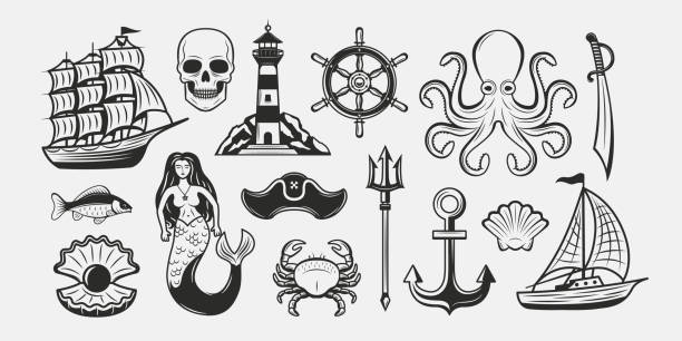 ilustrações de stock, clip art, desenhos animados e ícones de vintage collection of 15 marine elements. nautical elements. sea ship, sailboat, lighthouse, mermaid, octopus, anchor, shell pearl, poseidon's trident. vector template. - nautical vessel pattern rope tattoo