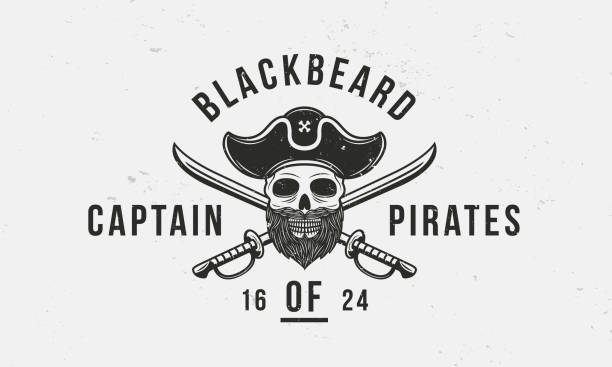 Blackbeard pirate captain. Vintage pirate logo with skull, pirate hat and swords. Print for t-shirt, typography, tattoo. Pirate badge, label, poster, banner. Vector illustration Vector illustration pirate criminal stock illustrations