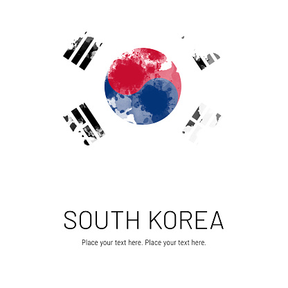 Flag of South Korea ink splat on white background. Splatter grunge effect. Copy space. Solid background. Text sample.