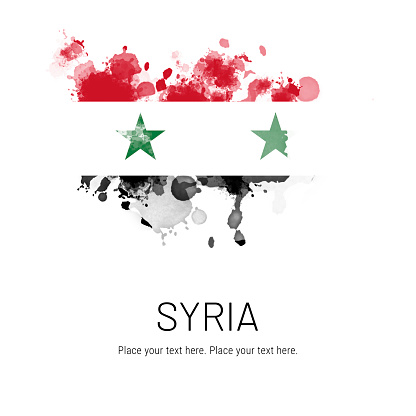 Flag of Syria ink splat on white background. Splatter grunge effect. Copy space. Solid background. Text sample.