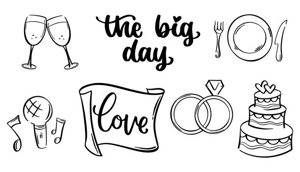 kuvapankkikuvitukset aiheesta hääkokoelma doodlessa. käsin piirretty hääkoriste luonnoksessa. kakku ja sormukset kuvakkeet doodle. vektori eps 10 - hääkakku