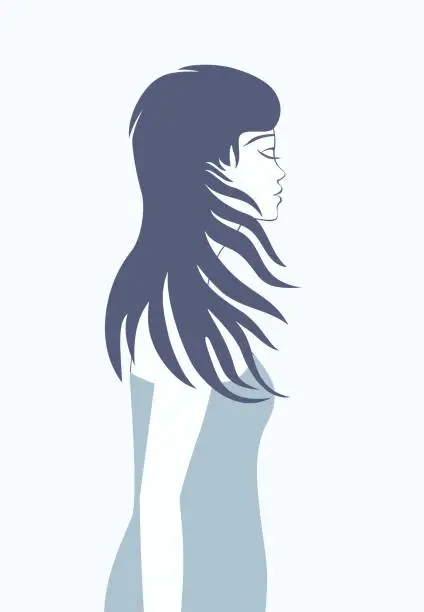 Vector illustration of Beautiful young girl with wavy thick hair.