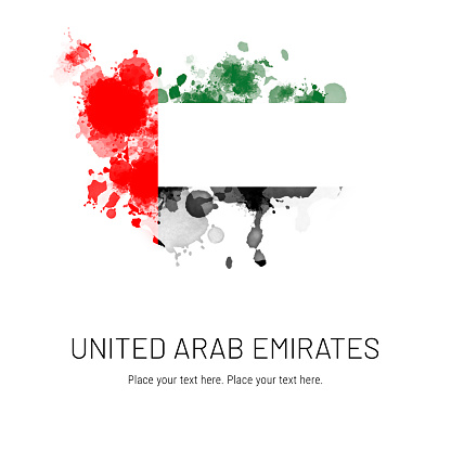 Flag of United Arab Emirates ink splat on white background. Splatter grunge effect. Copy space. Solid background. Text sample.