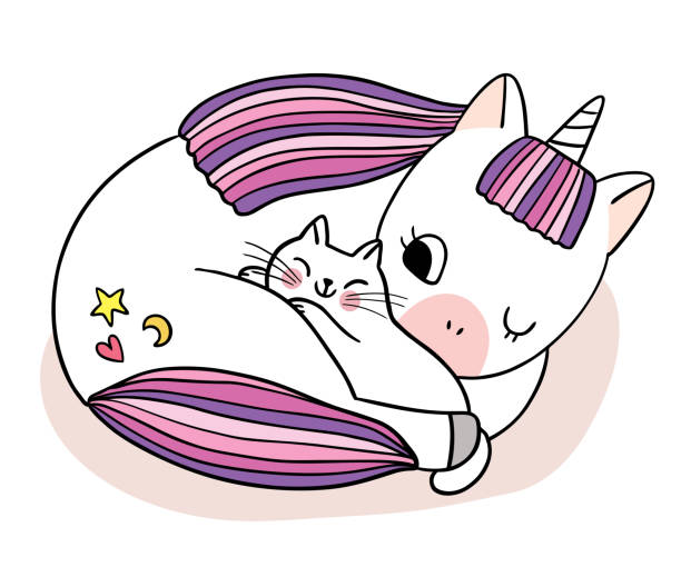 ręcznie rysować kreskówki cute jednorożec przytulanie wektor kota. - m09 stock illustrations
