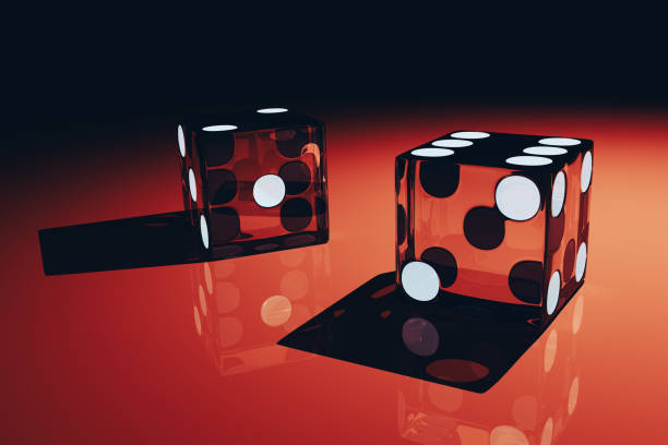 Red Casino dices hightligthed in a dark room Red glass transparent casino dices, 3d rendered. dice photos stock pictures, royalty-free photos & images