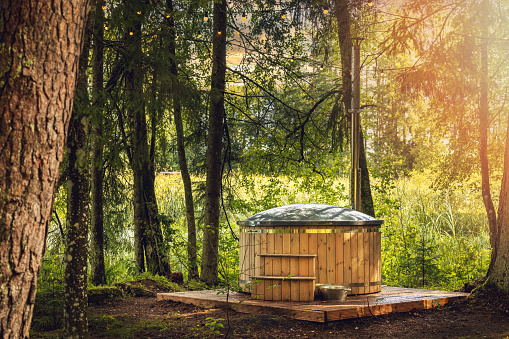 wood fired hot tub in the forest