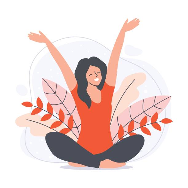 ilustrações de stock, clip art, desenhos animados e ícones de smiling woman sitting in lotus pose with her arms up in the air. happy young girl in natural background with leaves. flat vector illustration - entusiástico