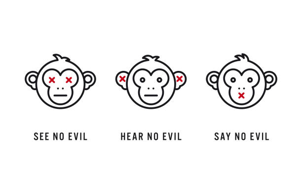 trzy wise monkeys minimalistyczny zestaw ikon linii wektorowej - see no evil hear no evil speak no evil stock illustrations