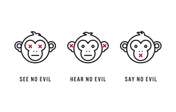 ilustrações de stock, clip art, desenhos animados e ícones de three wise monkeys minimalist vector line icon set - monkey