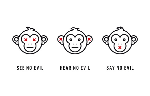 Three Wise Monkeys minimalist vector line icon set. Monkey faces depicting japanese maxim.