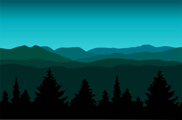illustrazioni stock, clip art, cartoni animati e icone di tendenza di paesaggio e cielo della catena montuosa con illustrazione vettoriale di pini - alberato