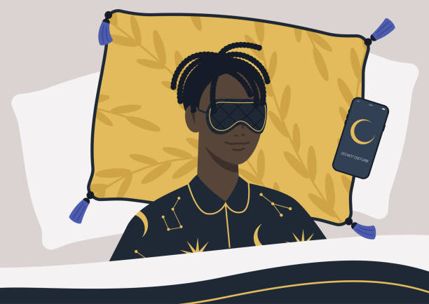 ilustrações de stock, clip art, desenhos animados e ícones de a young male black character wearing a night mask and silk pajamas in bed, a mobile phone on silent mode next to them on a pillow - silent night illustrations