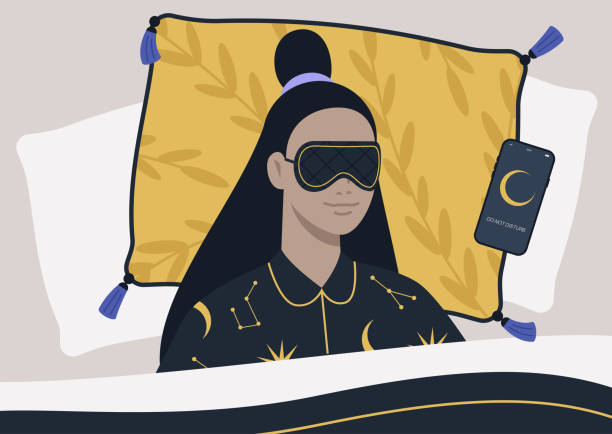 ilustrações de stock, clip art, desenhos animados e ícones de a young female character wearing a night mask and silk pajamas in bed, a mobile phone on silent mode next to them on a pillow - silent night illustrations