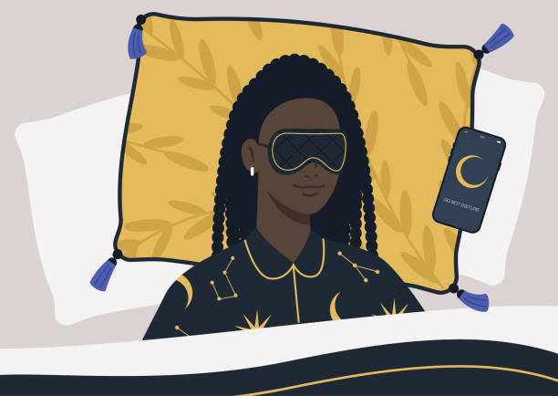 ilustrações de stock, clip art, desenhos animados e ícones de a young female black character wearing a night mask and silk pajamas in bed, a mobile phone on silent mode next to them on a pillow - silent night illustrations