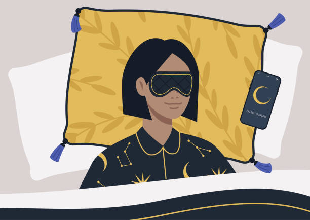 ilustrações de stock, clip art, desenhos animados e ícones de a young female character wearing a night mask and silk pajamas in bed, a mobile phone on silent mode next to them on a pillow - silent night illustrations