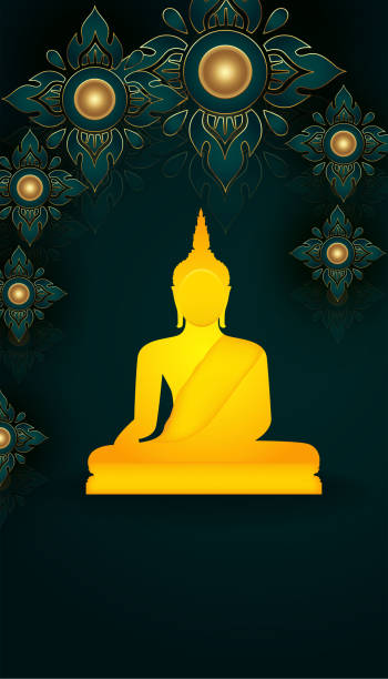 istock Buddhism big buddha sit on dark green 3d rendering vector illustration background - Buddhism holidays culture Thailand, banner template vertical poster design 1333582524