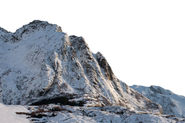 Rock mountain with snow covered in winter at Lofoten islands on white background