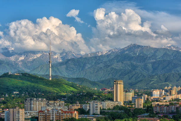 Aerial view of the central part of the city of Almaty Aerial view of the central part of the city of Almaty against the background of the Zailiyskiy Alatau mountains almaty photos stock pictures, royalty-free photos & images
