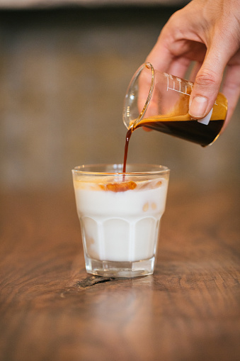 Tasty photo series of coffee shop, creamy espresso, brewing equipments like V60, glass coffeemaker, Siphon and Aeropress.