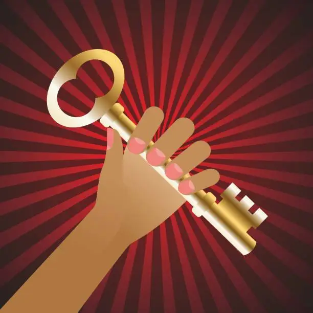 Vector illustration of Key to success, golden key in hand. Vector illustration.