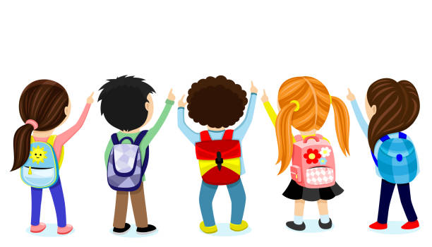 ilustraciones, imágenes clip art, dibujos animados e iconos de stock de un grupo de escolares con bolsas escolares. - looking up illustrations