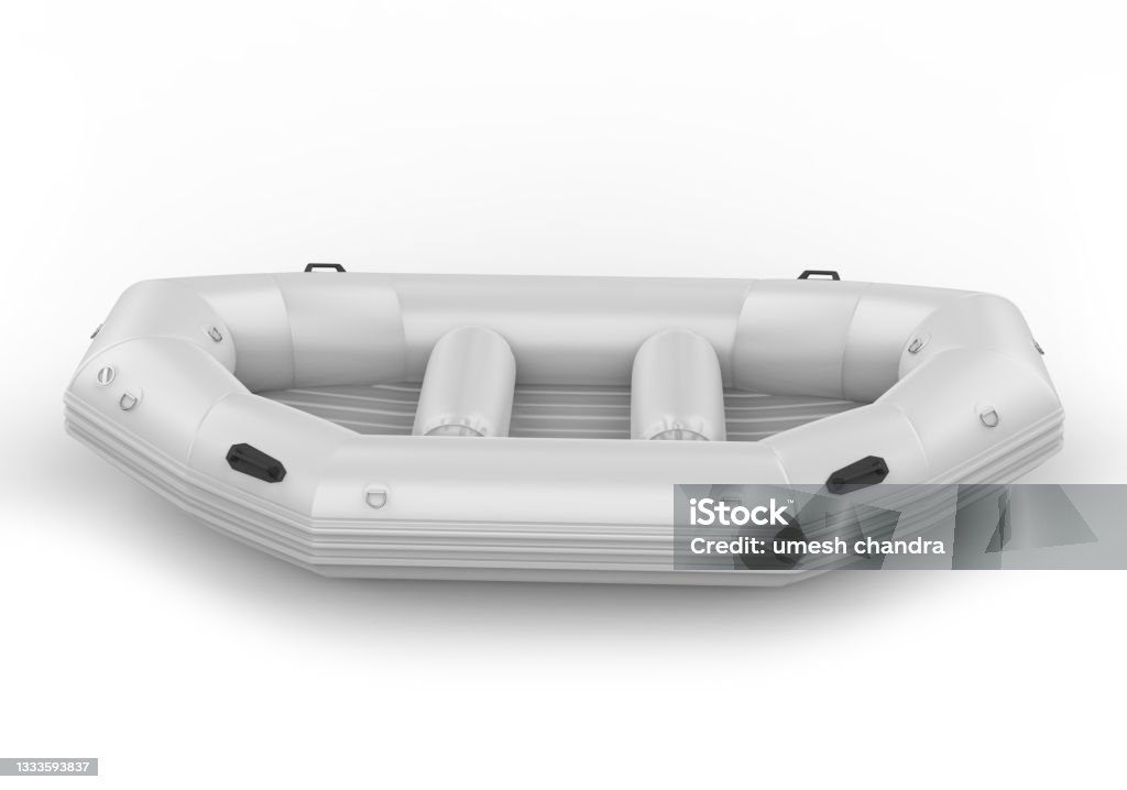 3d blank PVC Inflatable Water Raft Boat. Blank PVC Inflatable Water Raft Boat, 3d render illustration. Adventure Stock Photo