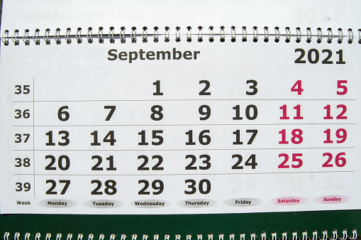 September 2021, close-up wall calendar, page with working days and weekends.