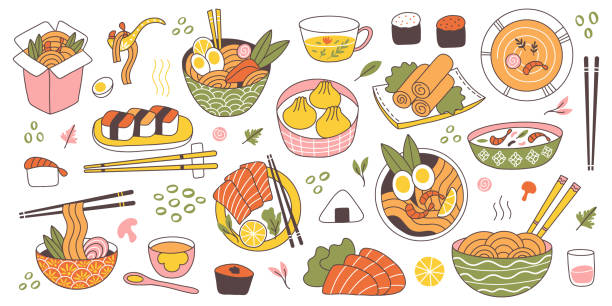 doodle азиатская японская кухня традиционная вкусная еда. китайские, корейские, японские рис, лапша, рыбные и мясные блюда векторные иллюстрац - asian cuisine illustrations stock illustrations