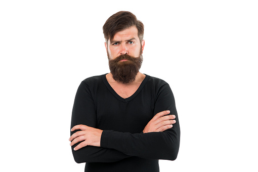 Brutal hipster with beard hair on white background. Bearded man stylish mustache shape. Caucasian guy beard copy space. Facial hair. Various beard styles for men. Keep beard in perfect condition