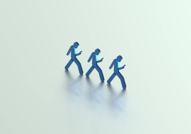 Digitally generated image of icon of a man using a smartphone above the reflective plane.