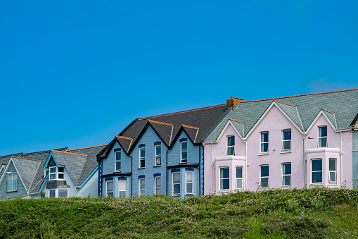 Colourful row houses overlooking Bude harbour in Cornwall.