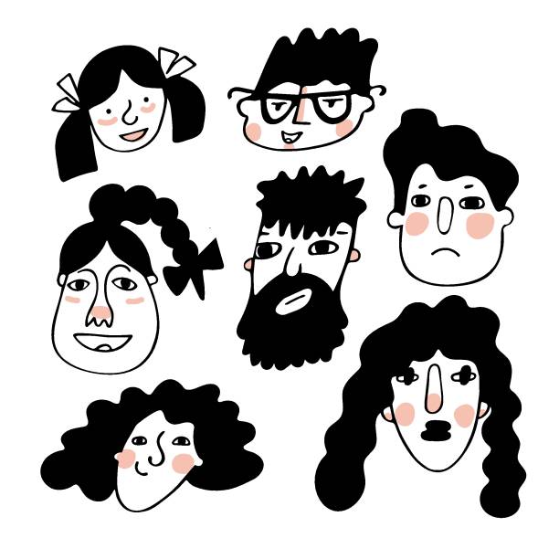 istock Set of funny doodle faces in freehand black and white style isolated on white. 1333598870
