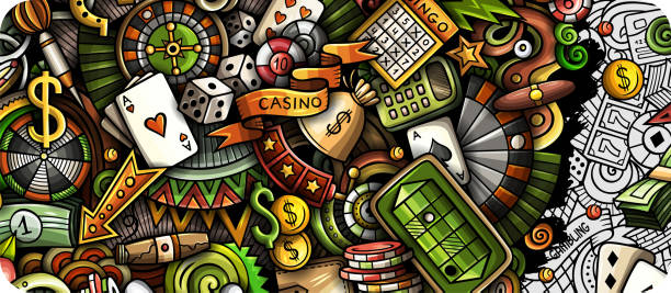 нарисованный от руки баннер для каракуля казино. мультяшный вектор детализированный флаер. - casino roulette gambling casino worker stock illustrations